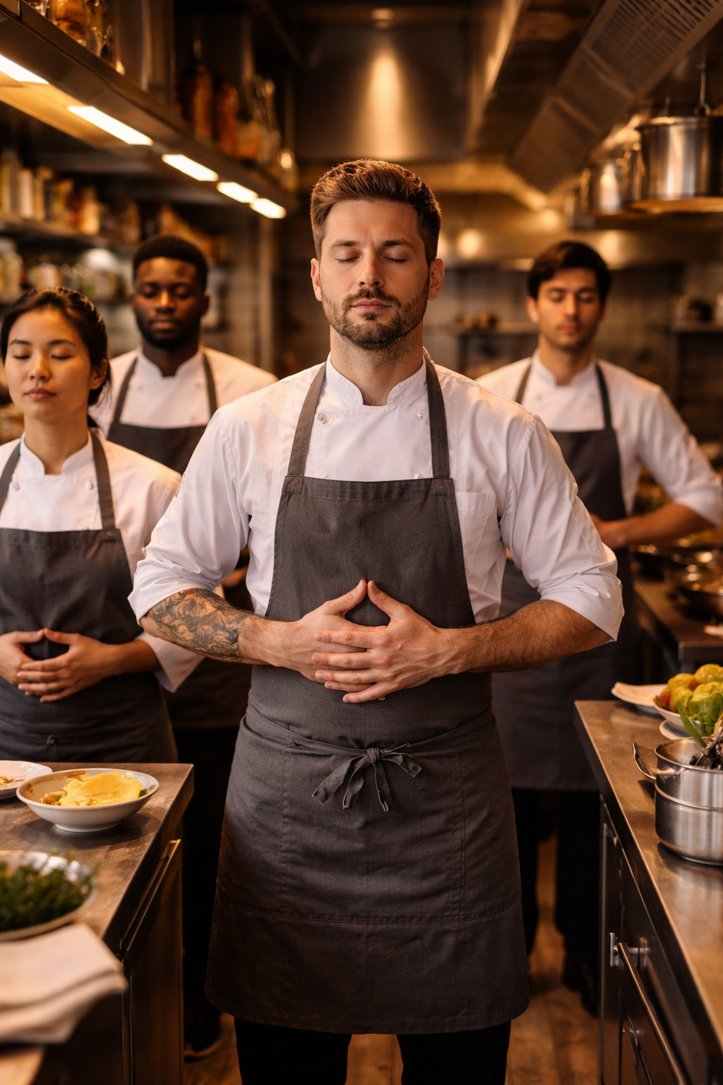 Professional kitchen team in focused calm