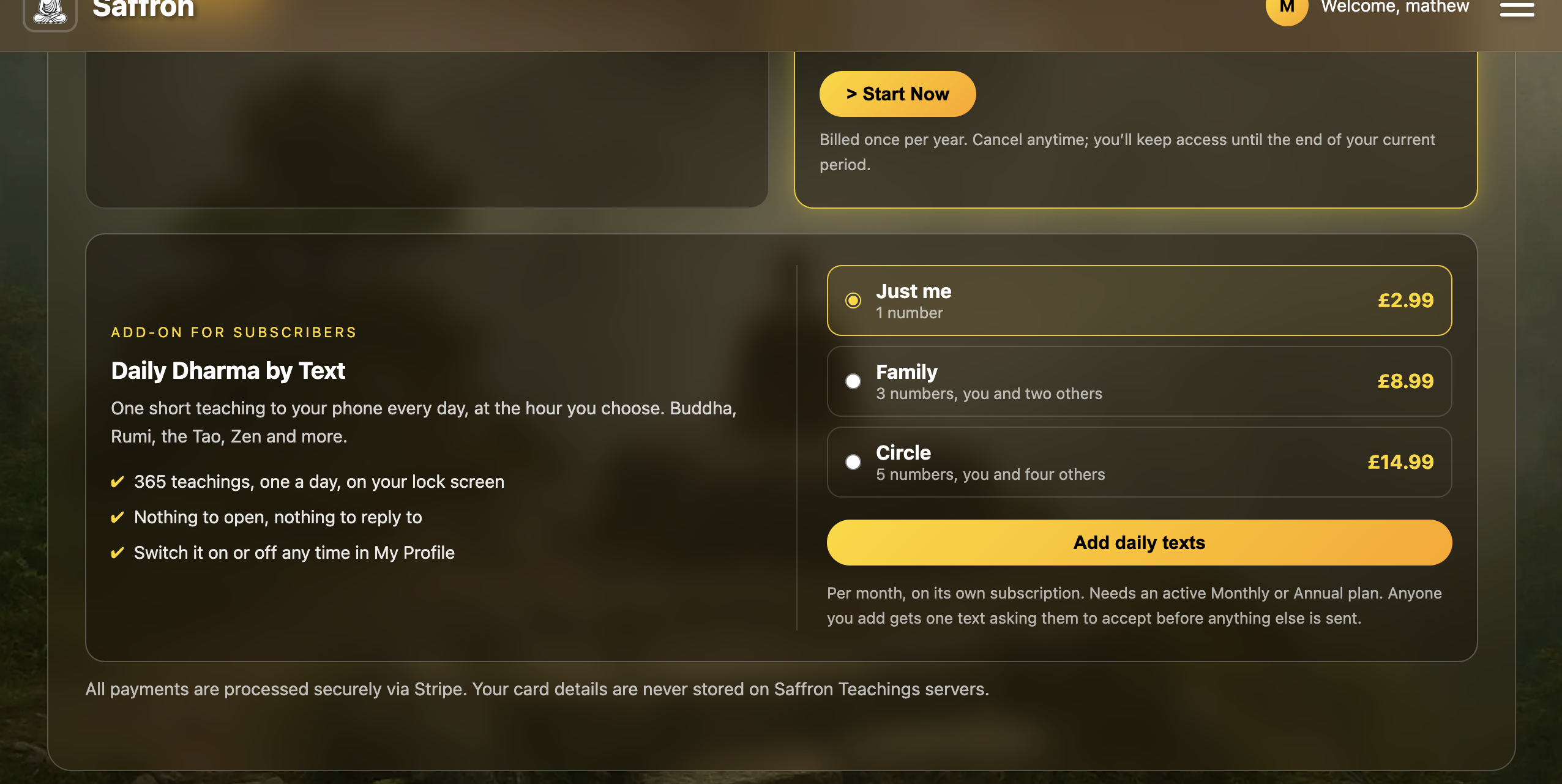 Daily Dharma by Text add-on showing Just me, Family and Circle plans