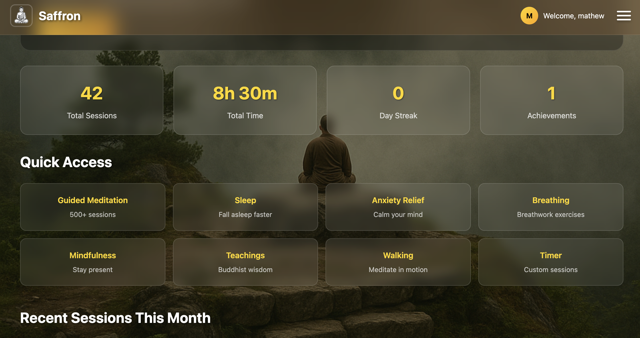 Saffron dashboard showing total sessions, time practised, streak and quick access to guided meditation, sleep, anxiety relief and breathing