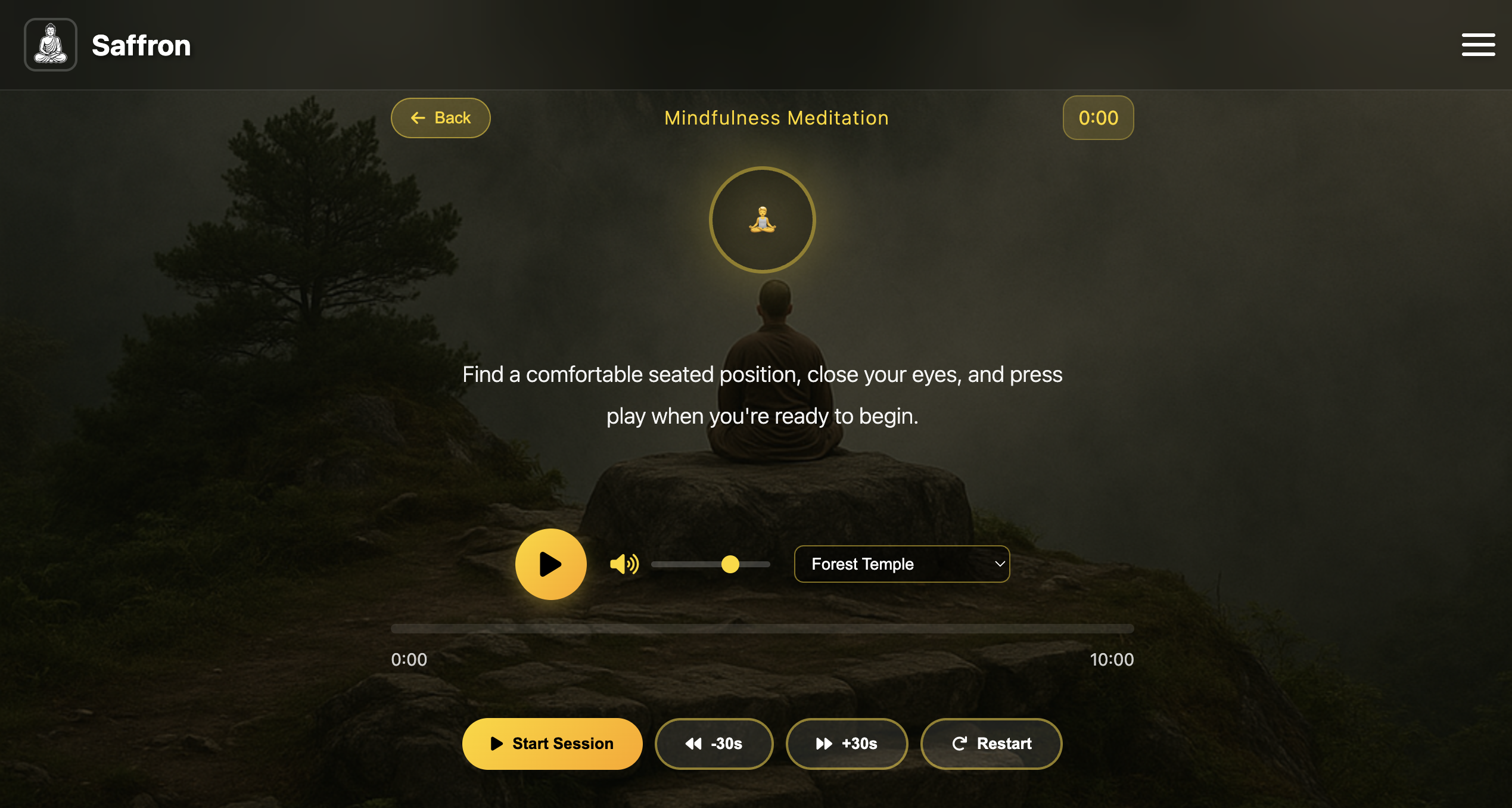 Saffron guided mindfulness meditation player with ambient soundscape selection and a session timer